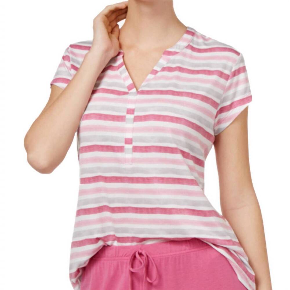 NEW CHARTER CLUB LUXURY v neck pajama top in striped white/pink/gray - Picture 1 of 1